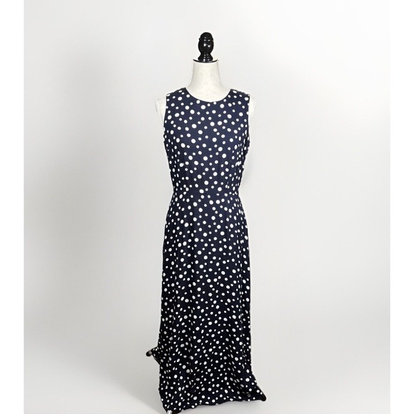 Vintage Polka Dot Dress S Sleeveless Maxi Long Navy Blue Pinup Mod - Picture 1 of 16